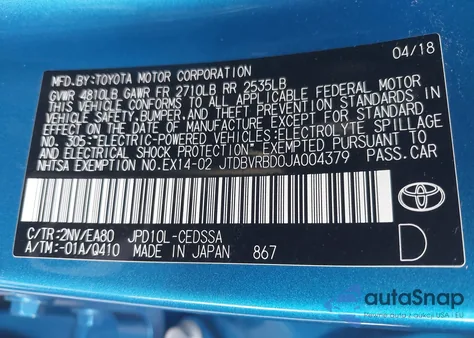 2018 Toyota Mirai из США, поврежденный, VIN JTDBVRBD0JA004379